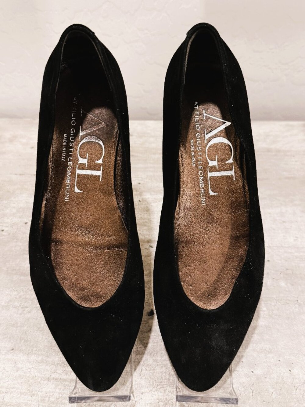 AGL Ballet Flat Shoes Women's 36.5/6.5 Black Suede Shimmer Pointed Toe Loafers